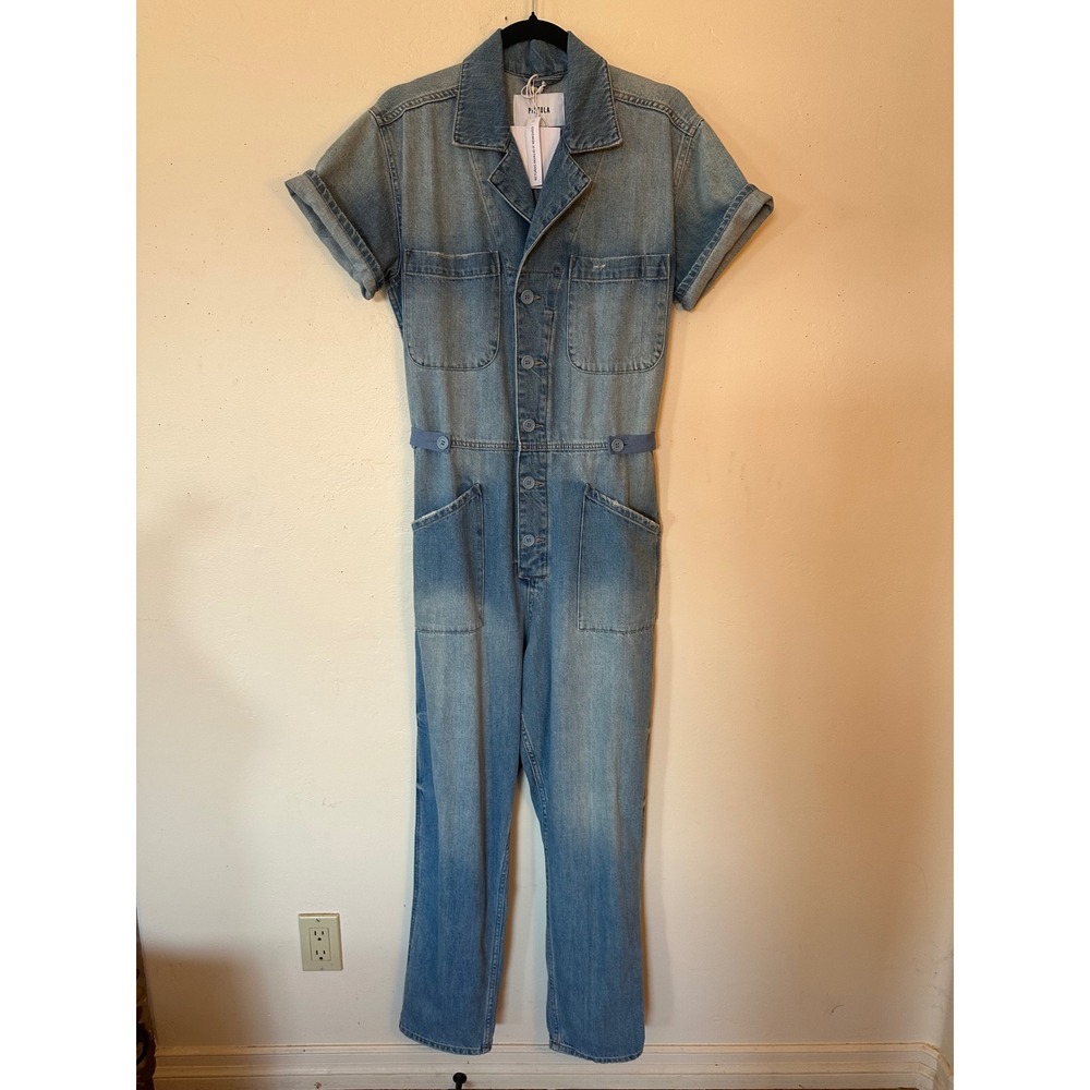 Pistola Denim Utility Jumpsuit Light Wash Blue Short Sleeve Boiler Suit Small